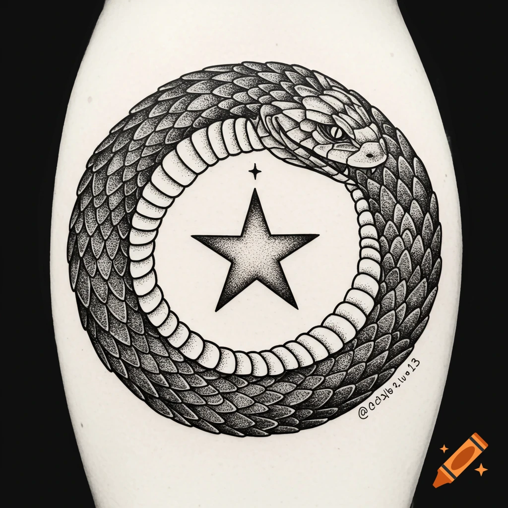 Black and white tattoo drawing of an ouroboros snake coiled around a star.