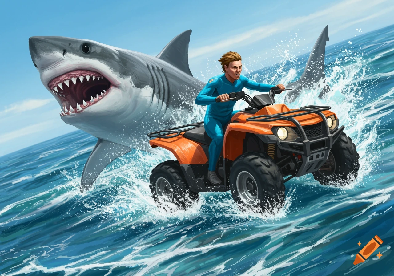 Person riding an ATV through ocean waves with a large shark close behind, illustration