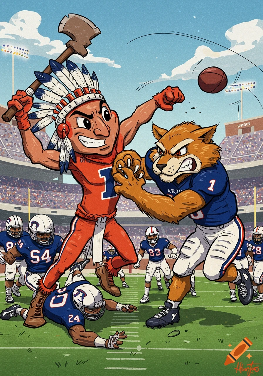 Cartoon mascots of a chief and a wildcat fight for a football during a game on a field.