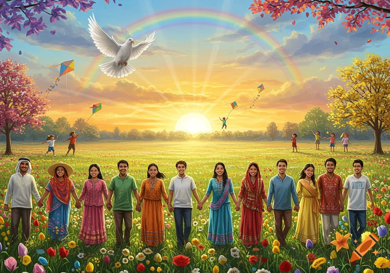Diverse people hand-in-hand in a field of flowers at sunset with a dove and rainbow.