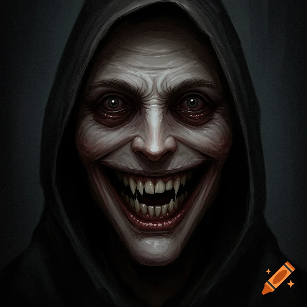 Close-up digital illustration of a creepy face in a dark hood, showing sharp teeth in a wide smile.