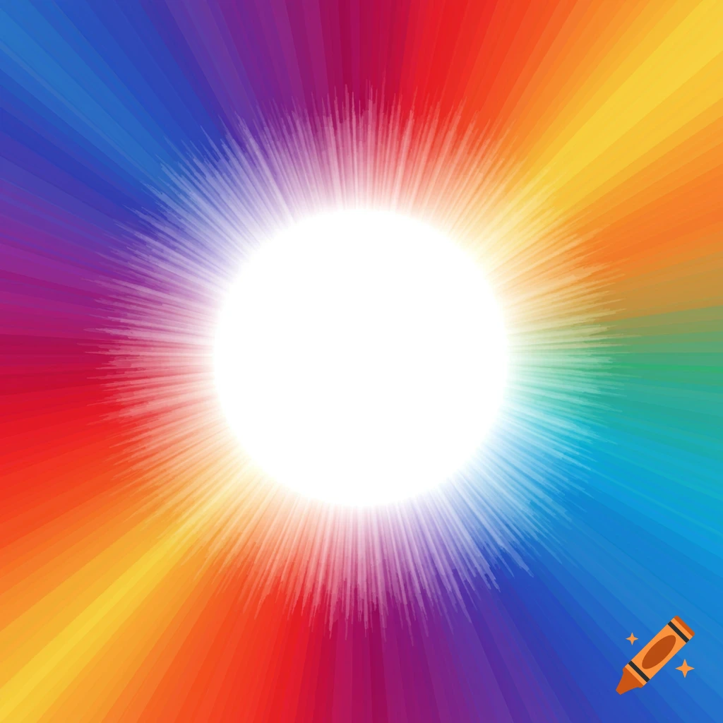 A bright white light burst in the center surrounded by a radiating rainbow color spectrum.
