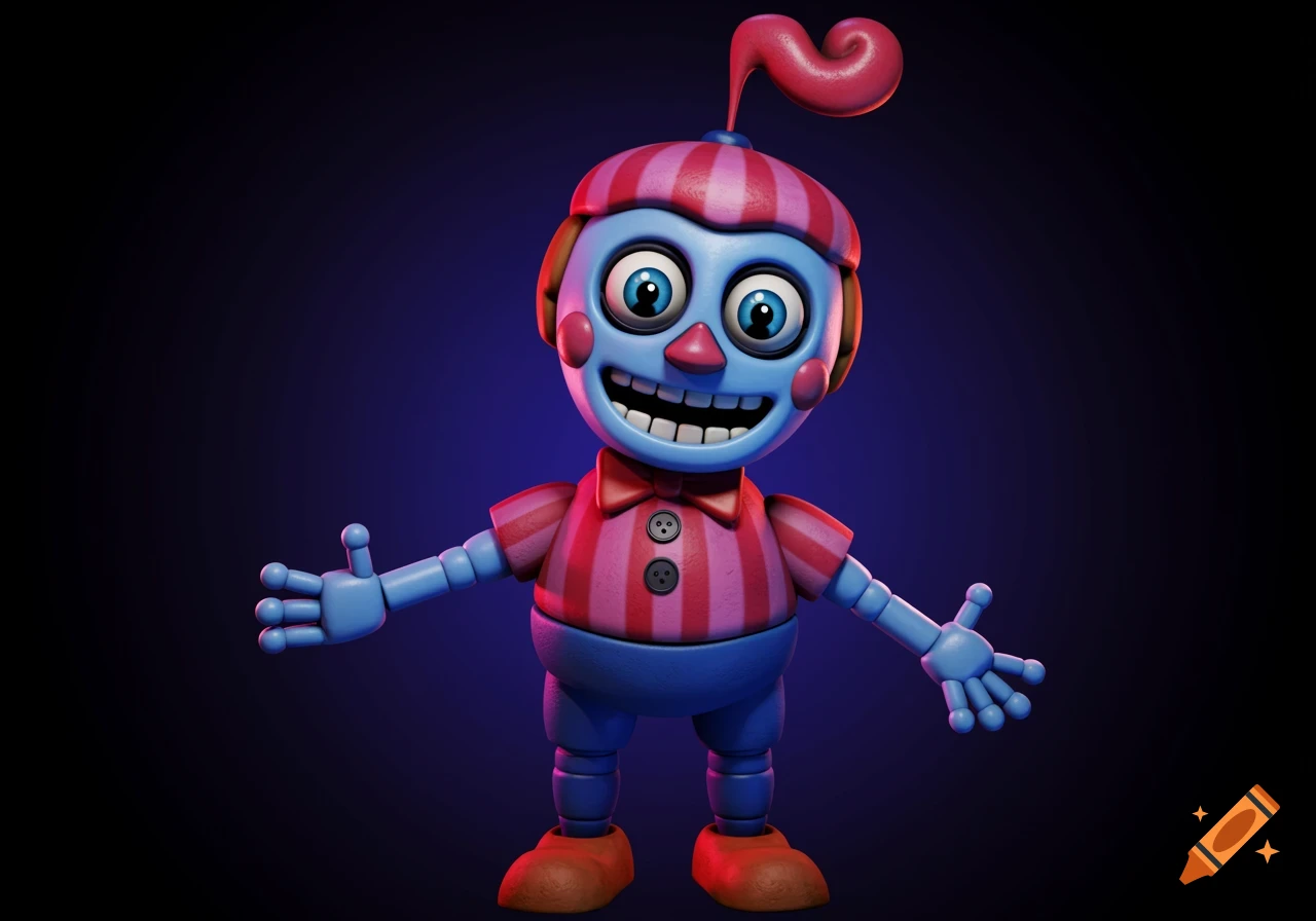 A blue animatronic character with a striped hat and shirt in the style of Five Nights at Freddy's.