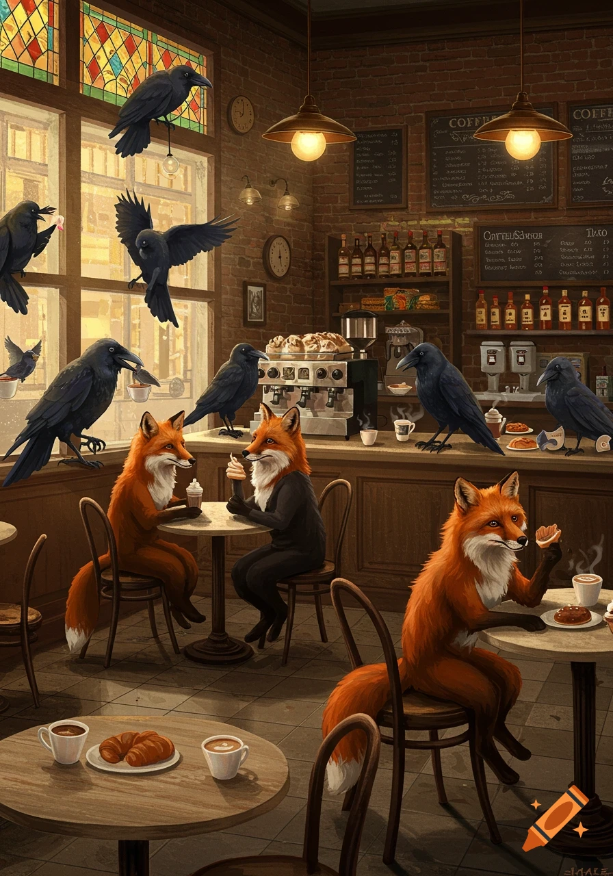 Anthropomorphic foxes and crows gather in a bustling coffee shop.