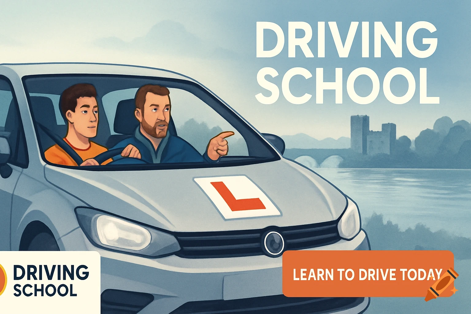 Illustration of a driving instructor teaching a student in a car, with "DRIVING SCHOOL" and "LEARN TO DRIVE TODAY" text.