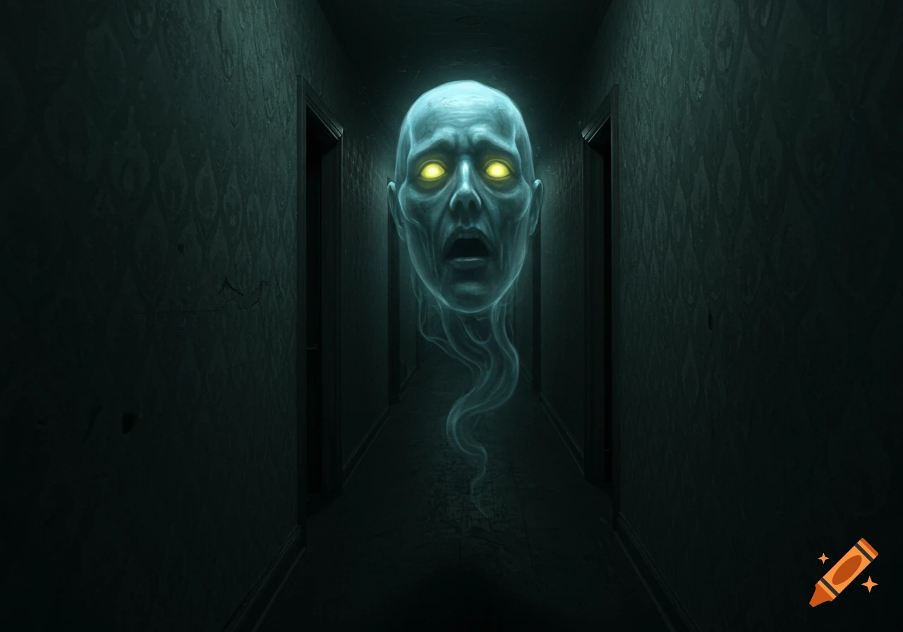 A ghostly head with glowing eyes floats in a dark, eerie hallway.