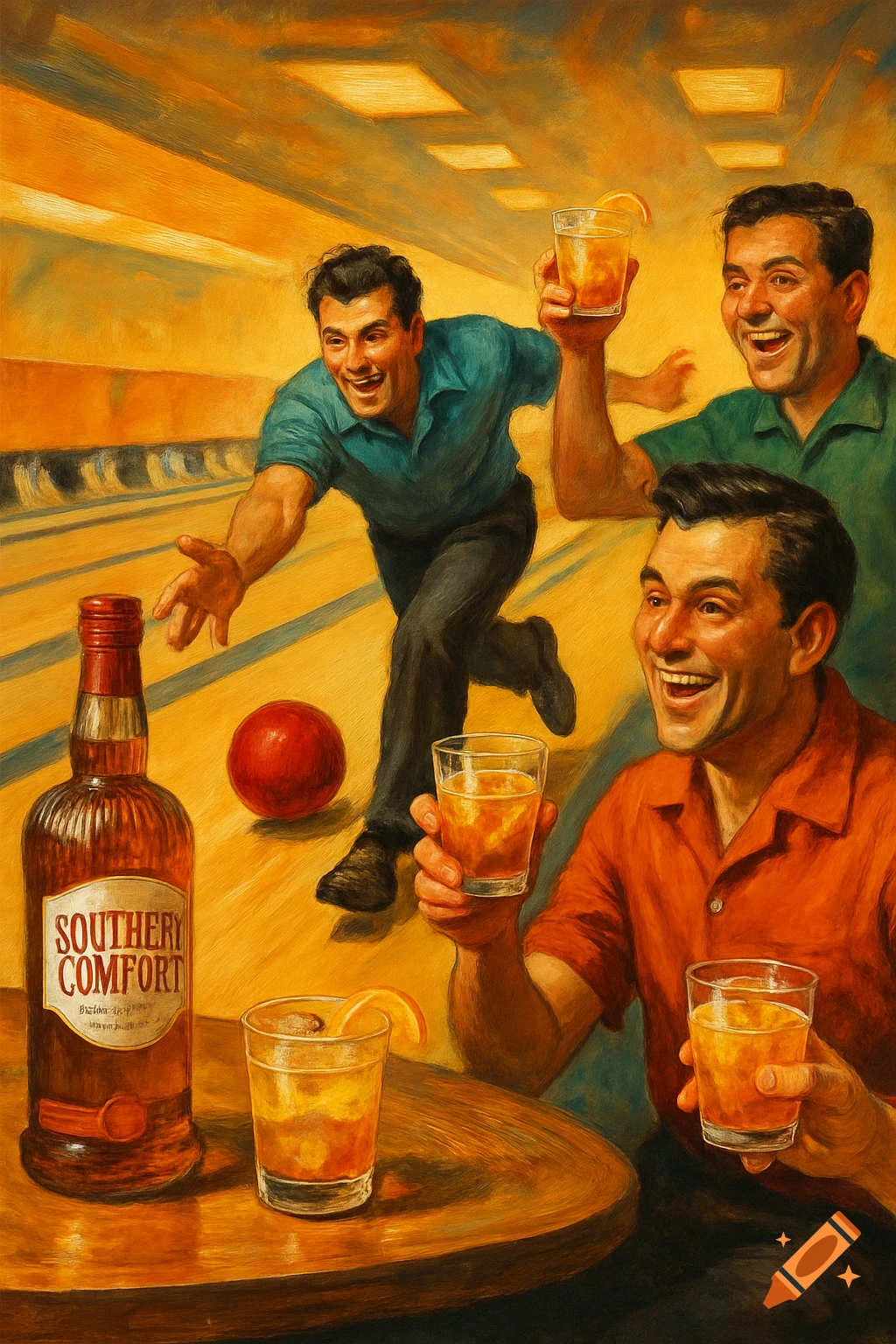 Painting of men bowling and drinking cocktails, with a bottle of Southern Comfort.