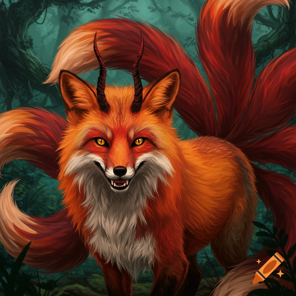 An orange fox-like creature with horns and multiple tails stands in a forest.
