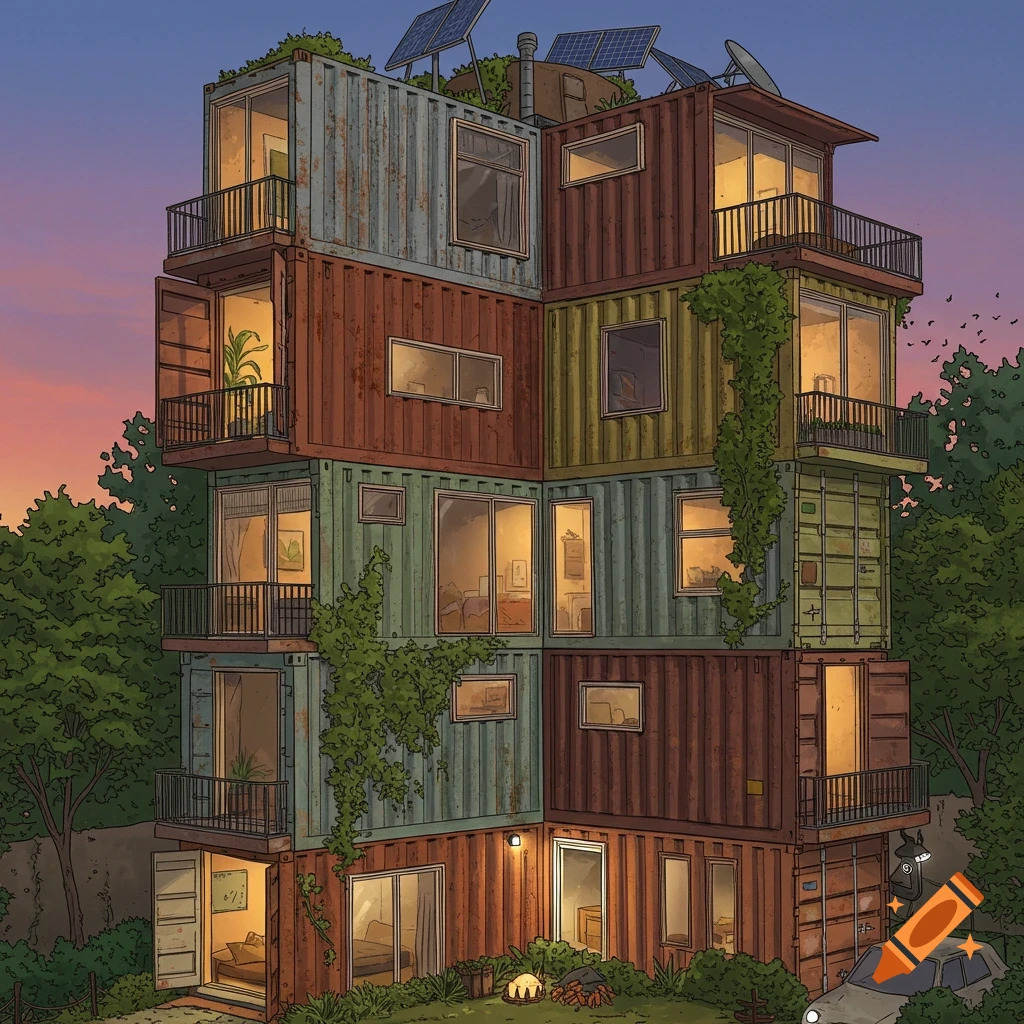 Illustrated multi-story house made of shipping containers at sunset, surrounded by trees.