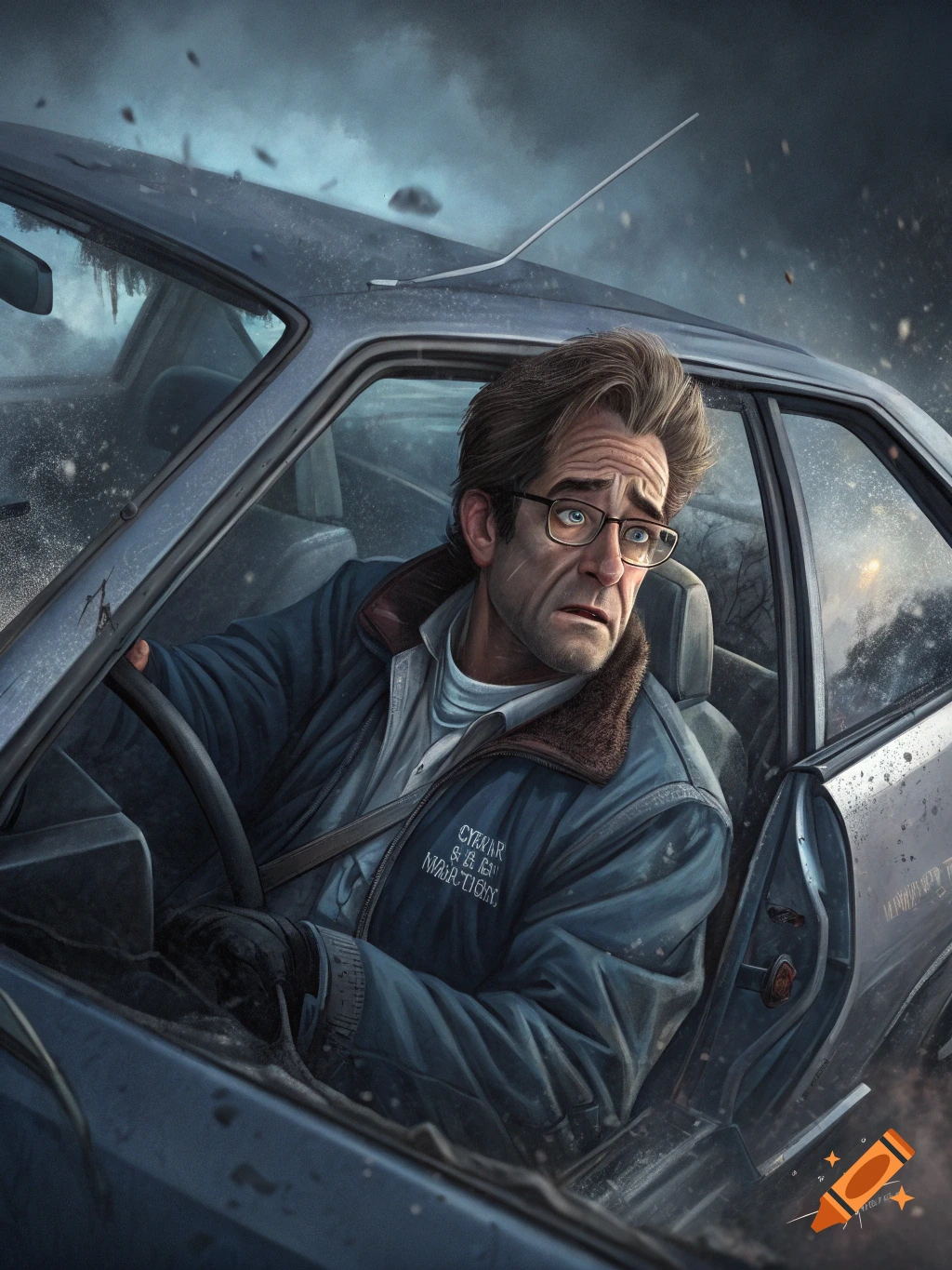 A scared man with glasses looks from inside a car during a crash in an illustrative style.