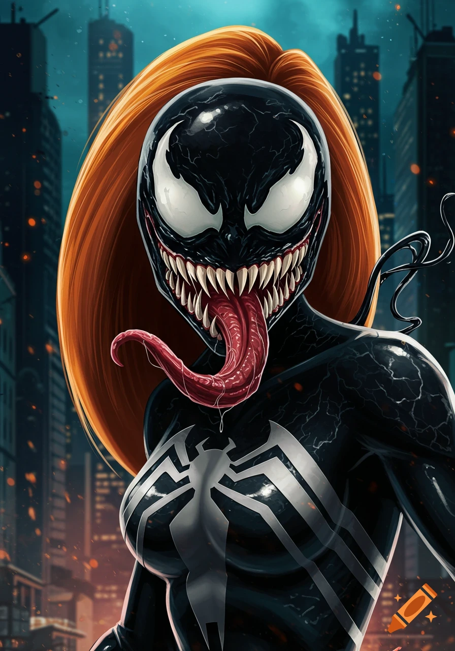 Comic art of a character in a black Venom suit with orange hair against a city background.