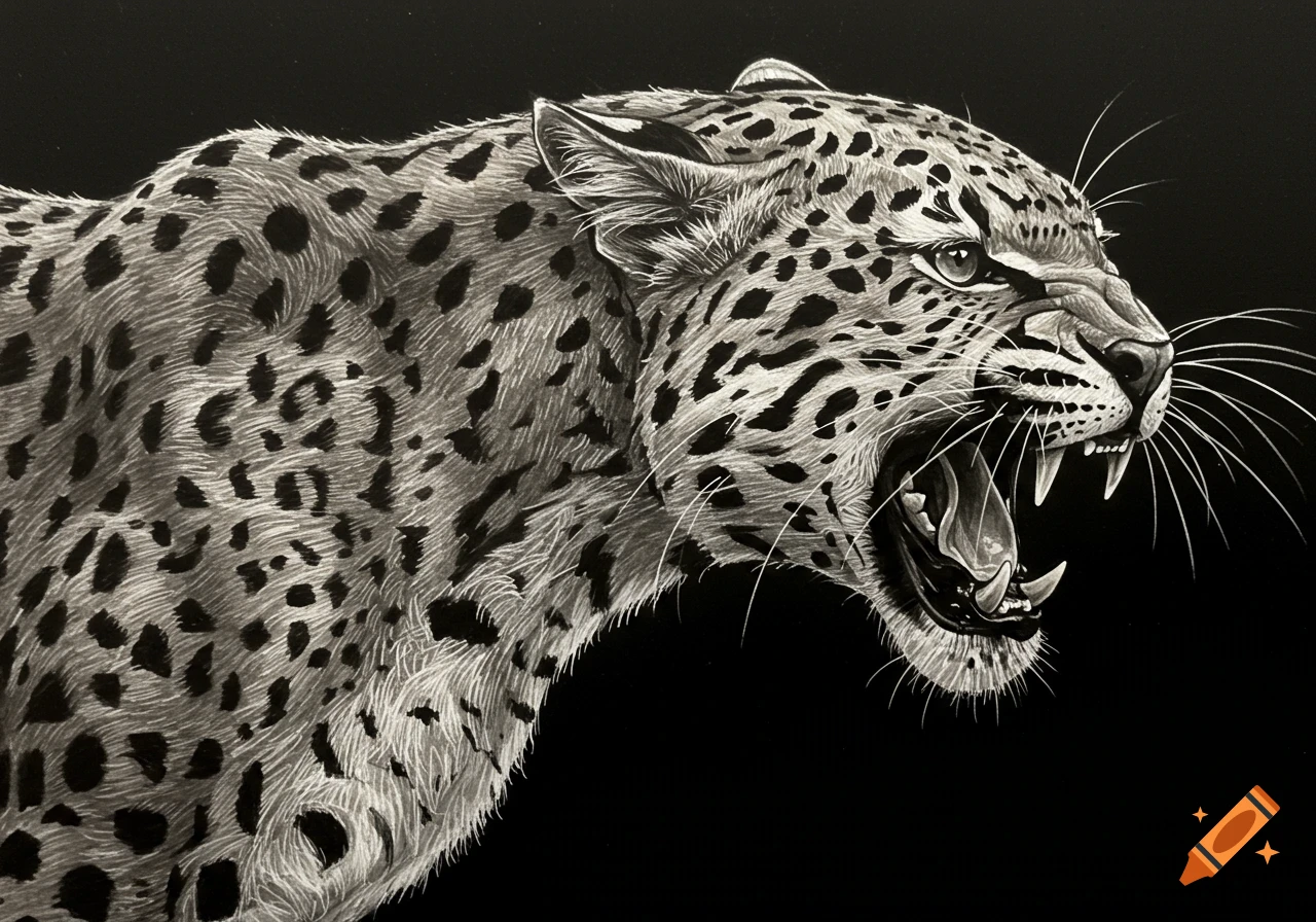 Black and white realistic drawing of a roaring leopard.