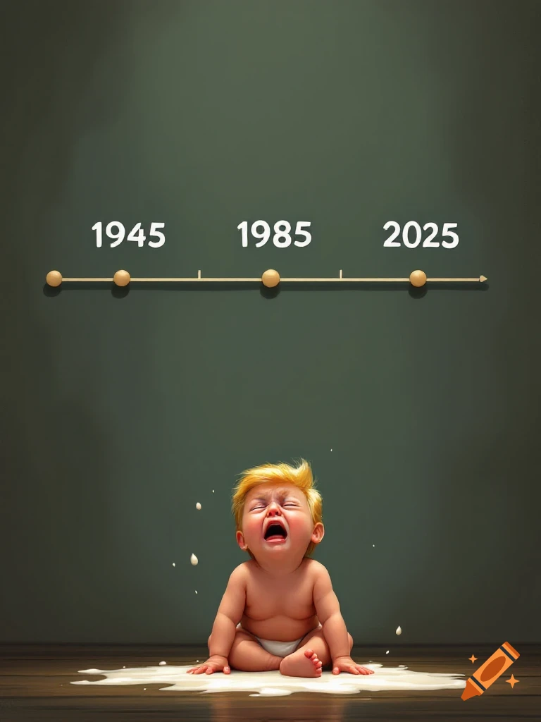 A crying baby sits in spilled liquid under a timeline showing 1945, 1985, and 2025.