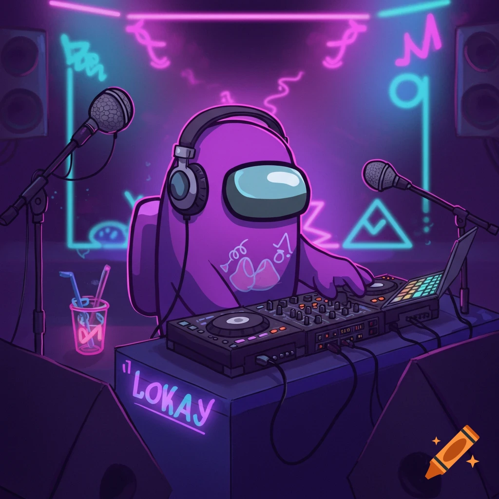 A purple Among Us character wears headphones and DJs on a console in a neon-lit room.