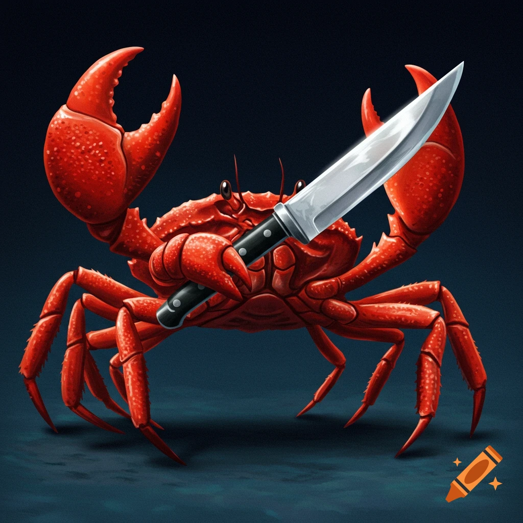 Illustration of a red crab standing and holding a large knife in its claw.