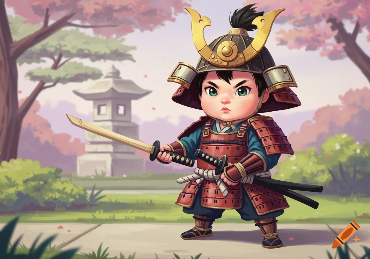 A cartoon toddler in samurai armor holds a sword in a Japanese garden.