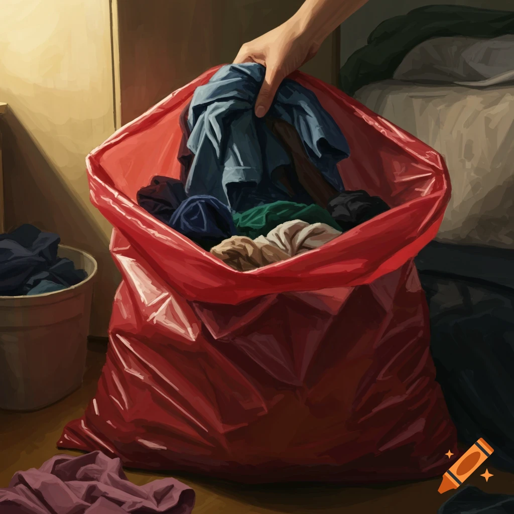 Hand puts clothes into red trash bag, a laundry bucket nearby, digital painting.