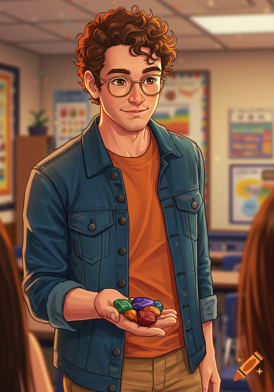 A smiling man with glasses and curly hair holds colorful rocks in his hand in a classroom.
