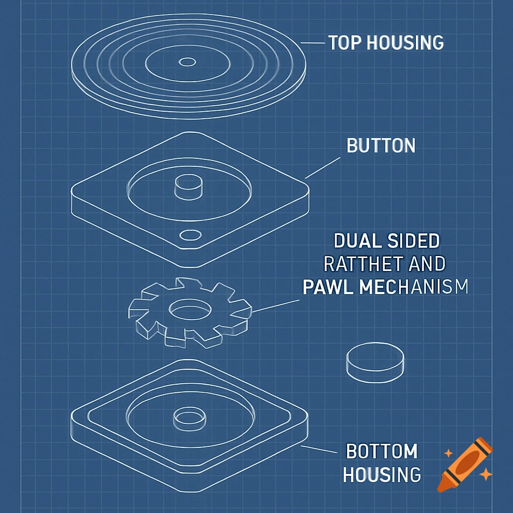 Exploded view blueprint of a toy mechanism with labels.