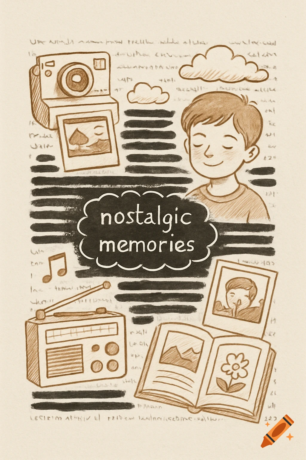Illustration of a boy, camera, radio, book, photos, and clouds in a sketch style, with 'nostalgic memories'.