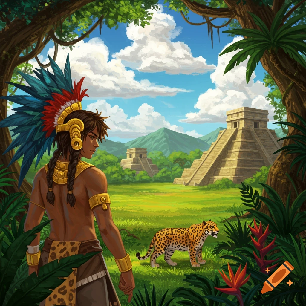 Illustrated scene of a person in Aztec attire in a jungle clearing with pyramids and a jaguar.