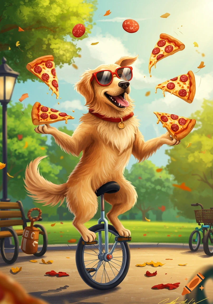 A cartoon golden retriever wearing sunglasses rides a unicycle in a park while juggling pepperoni pizza slices.