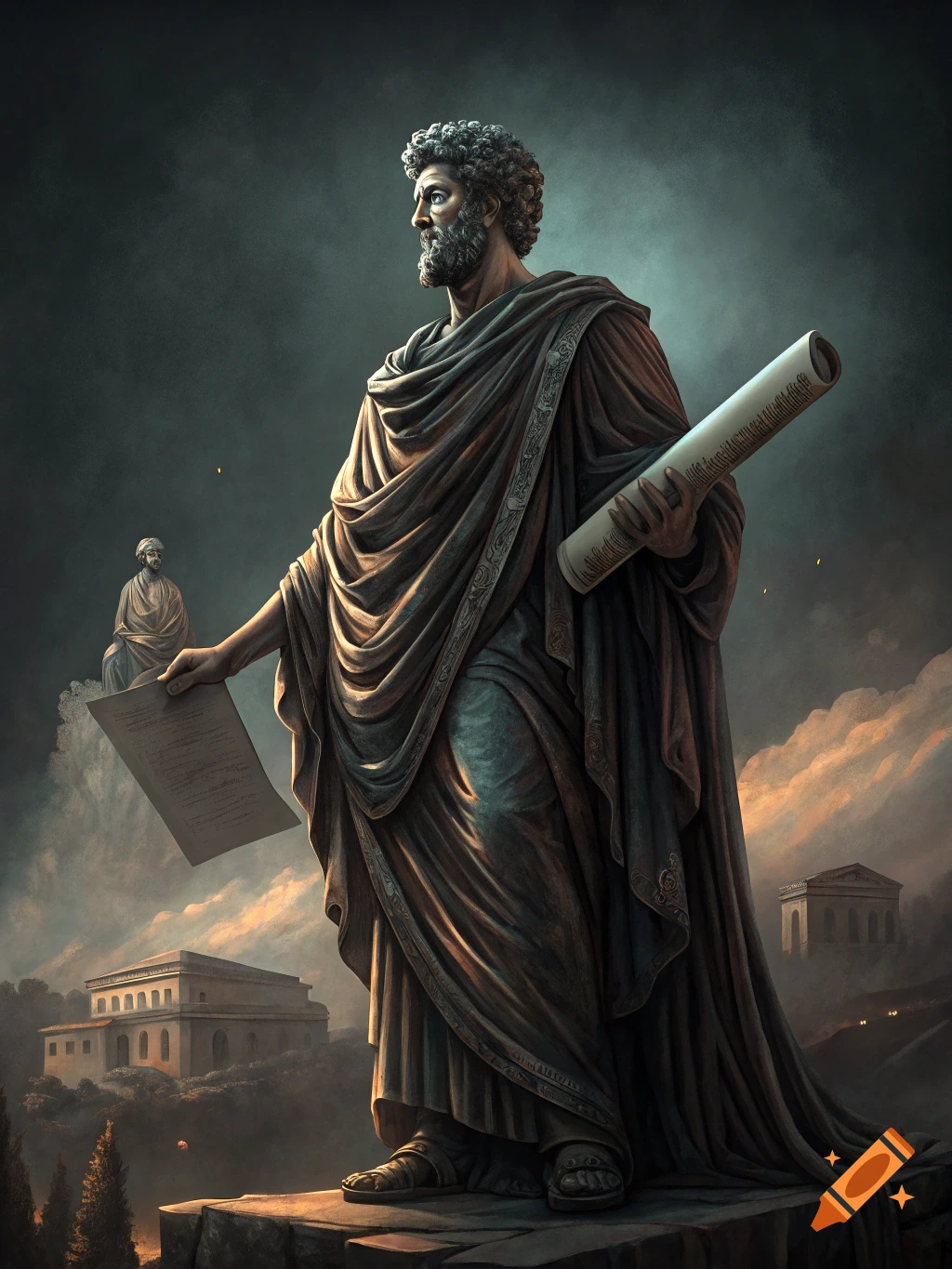 Statue of a bearded man in toga holding documents overlooking ancient buildings under a dramatic sky.