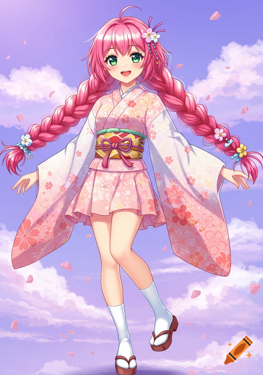 Anime girl with pink hair and green eyes wearing a pink kimono with cherry blossoms, floating in a cloudy sky with falling petals.