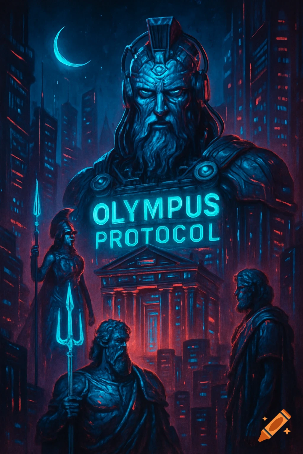 Large imposing figure with glowing eyes and 'OLYMPUS PROTOCOL' text overlooks a cyberpunk city with smaller figures.