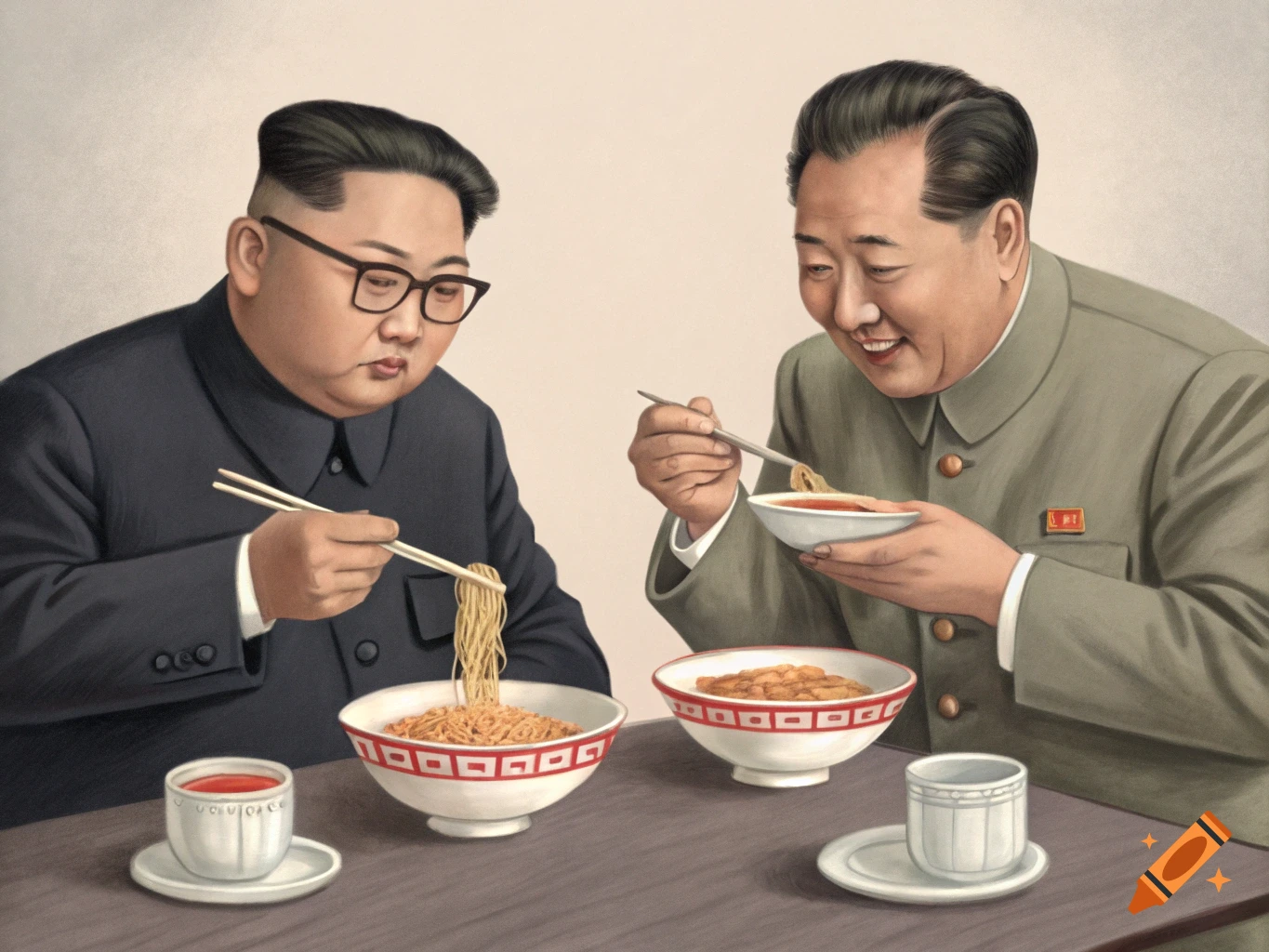 Illustration of Kim Jong Un and Mao Zedong eating noodles