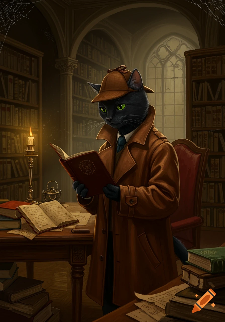 A black cat in a detective coat reads a book at a desk in an old library.