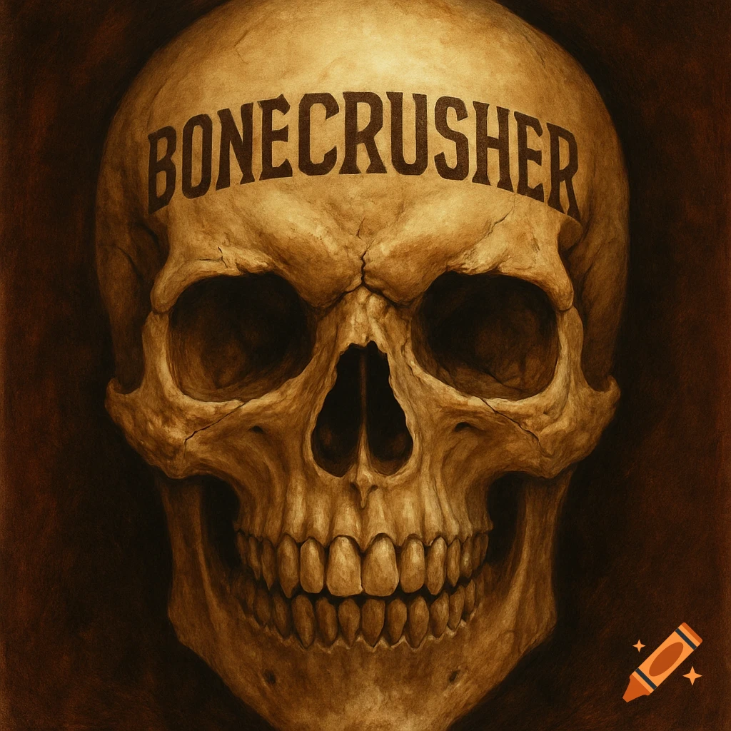 Detailed illustration of a human skull with the word BONECRUSHER written across the forehead.