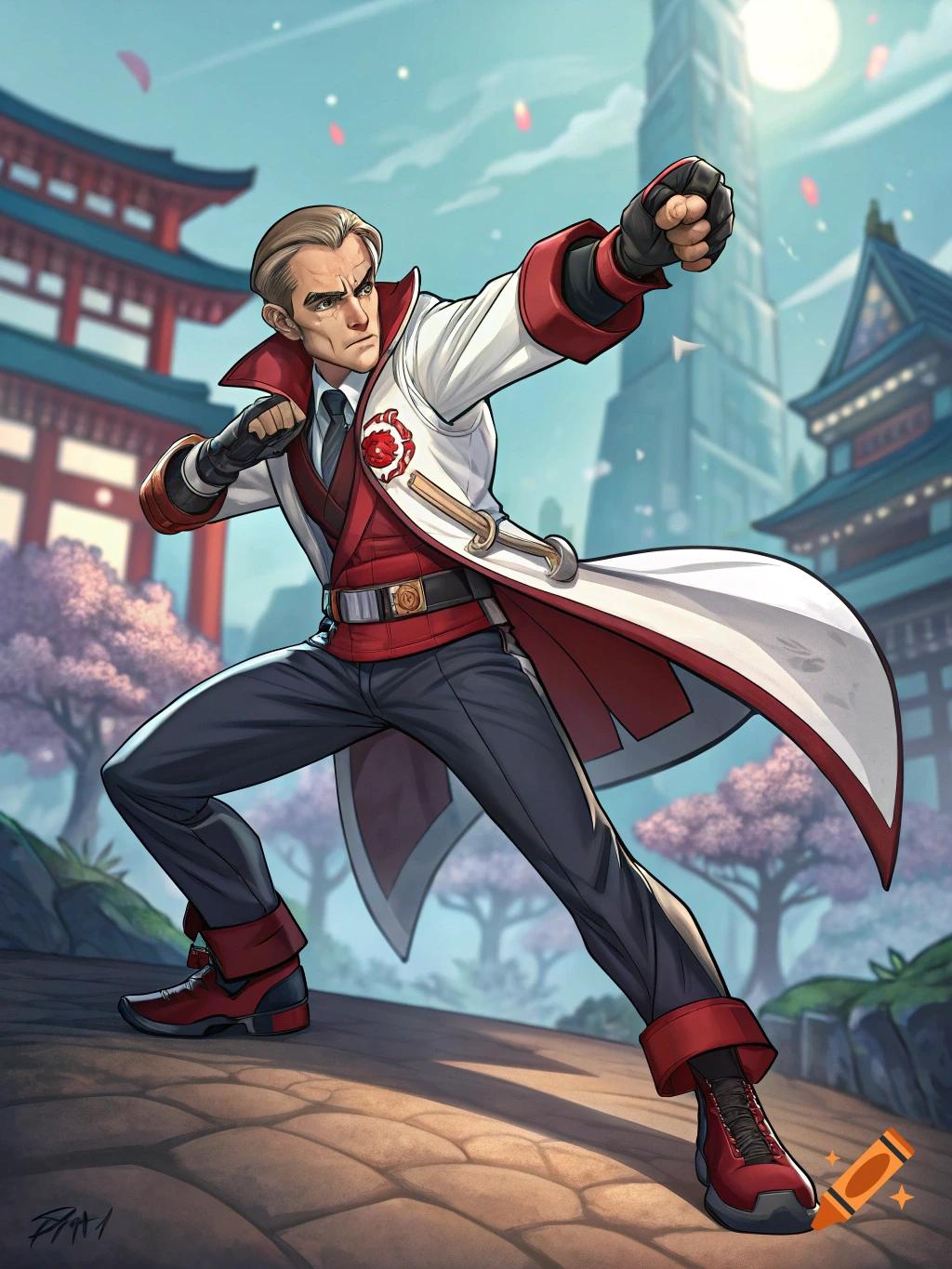 A man in a red and white martial arts coat stands in a fighting stance with a Japanese temple and cherry blossoms in the background, in a stylized anime art style.