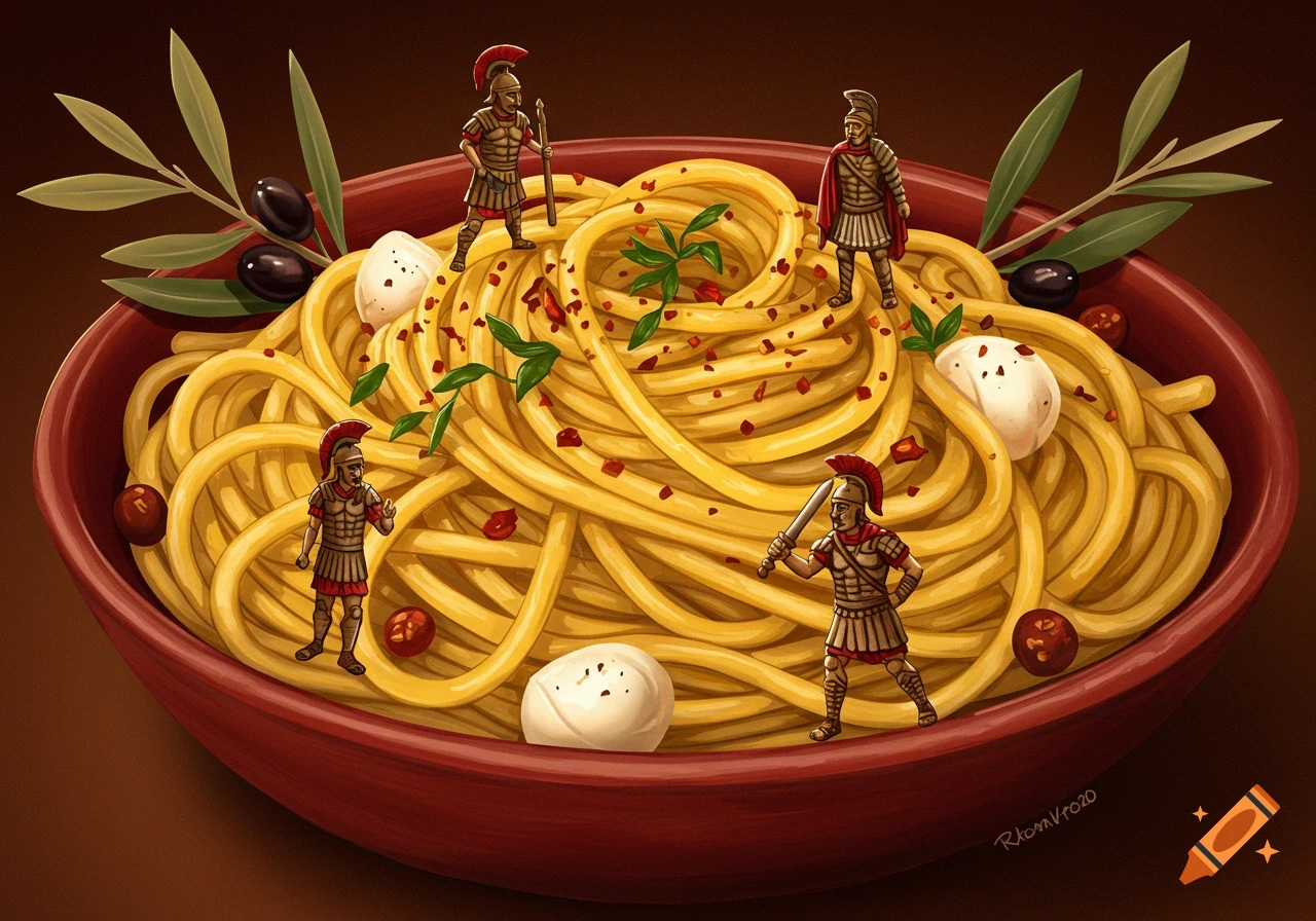 Illustration of miniature Roman soldiers standing on a bowl of spaghetti with olives and mozzarella.