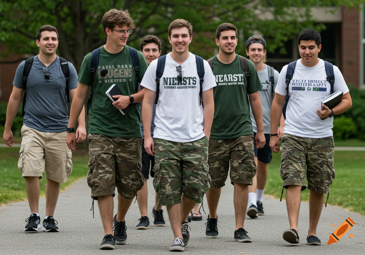 A group of college men walk on a path outdoors wearing cargo shorts and t-shirts.