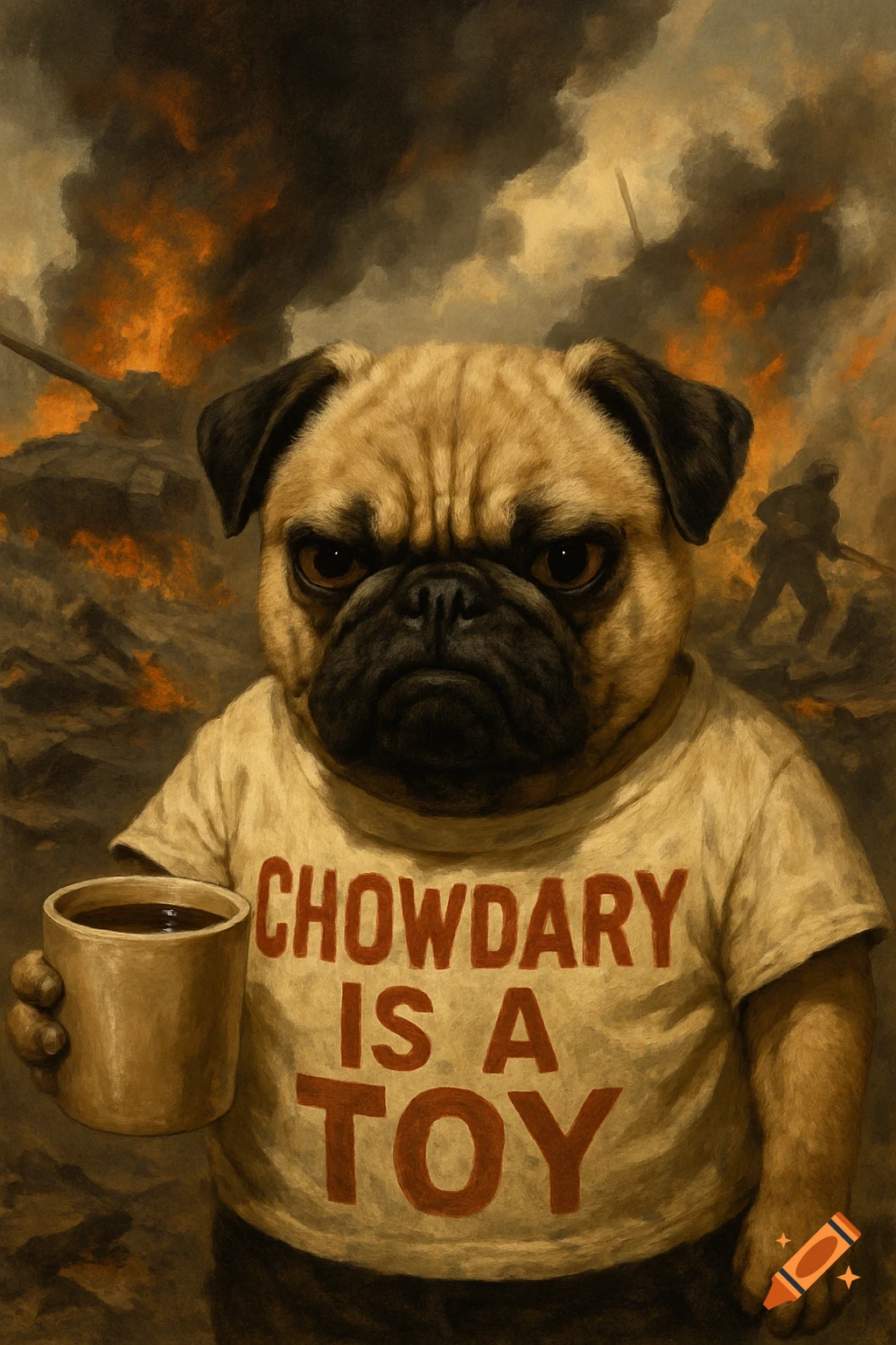 A pug dog in a shirt holding coffee stands in a warzone.