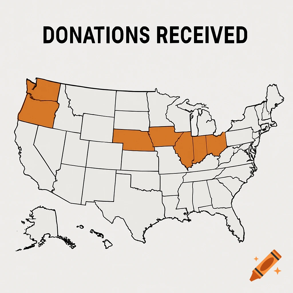 Map of the US with Oregon, Indiana, Nebraska, and Iowa highlighted in orange and the title "Donations Received".