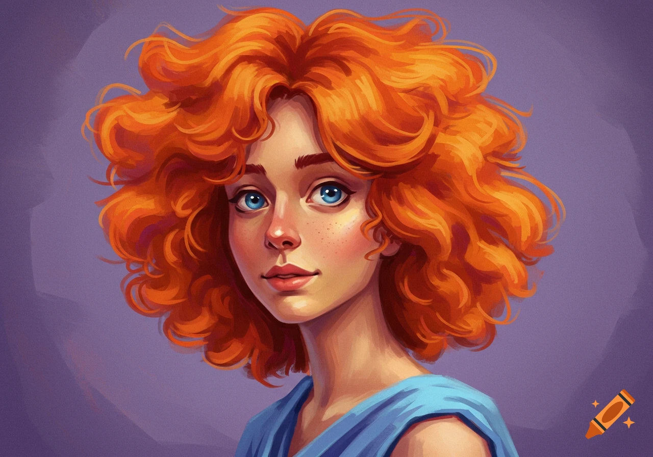 Stylized portrait of a young woman with bright orange curly hair and ...