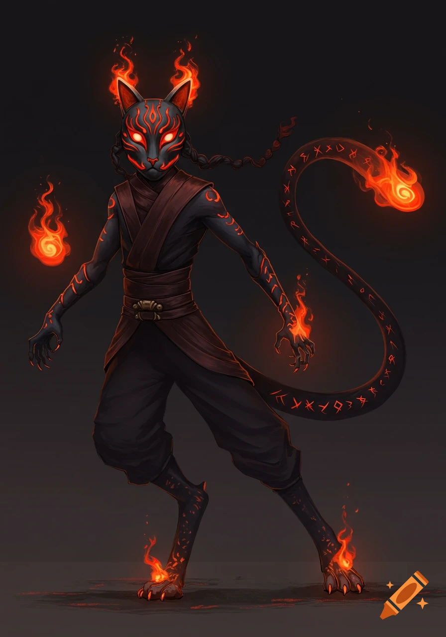 Illustration of a dark fantasy character with a red and black cat mask, dark clothing, fire effects, and glowing runes on their tail and body.