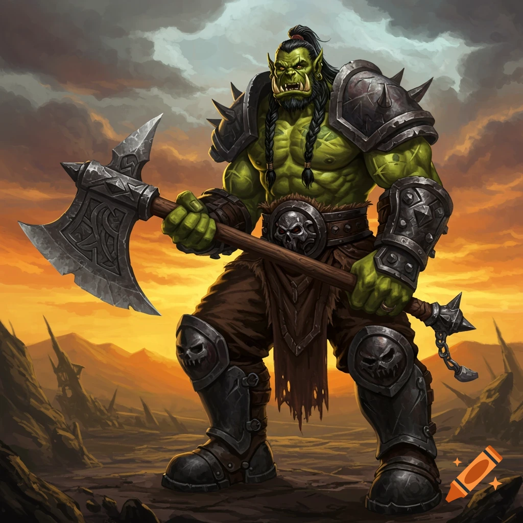 An orc warrior in armor holds a large axe in a desolate fantasy landscape at sunset.