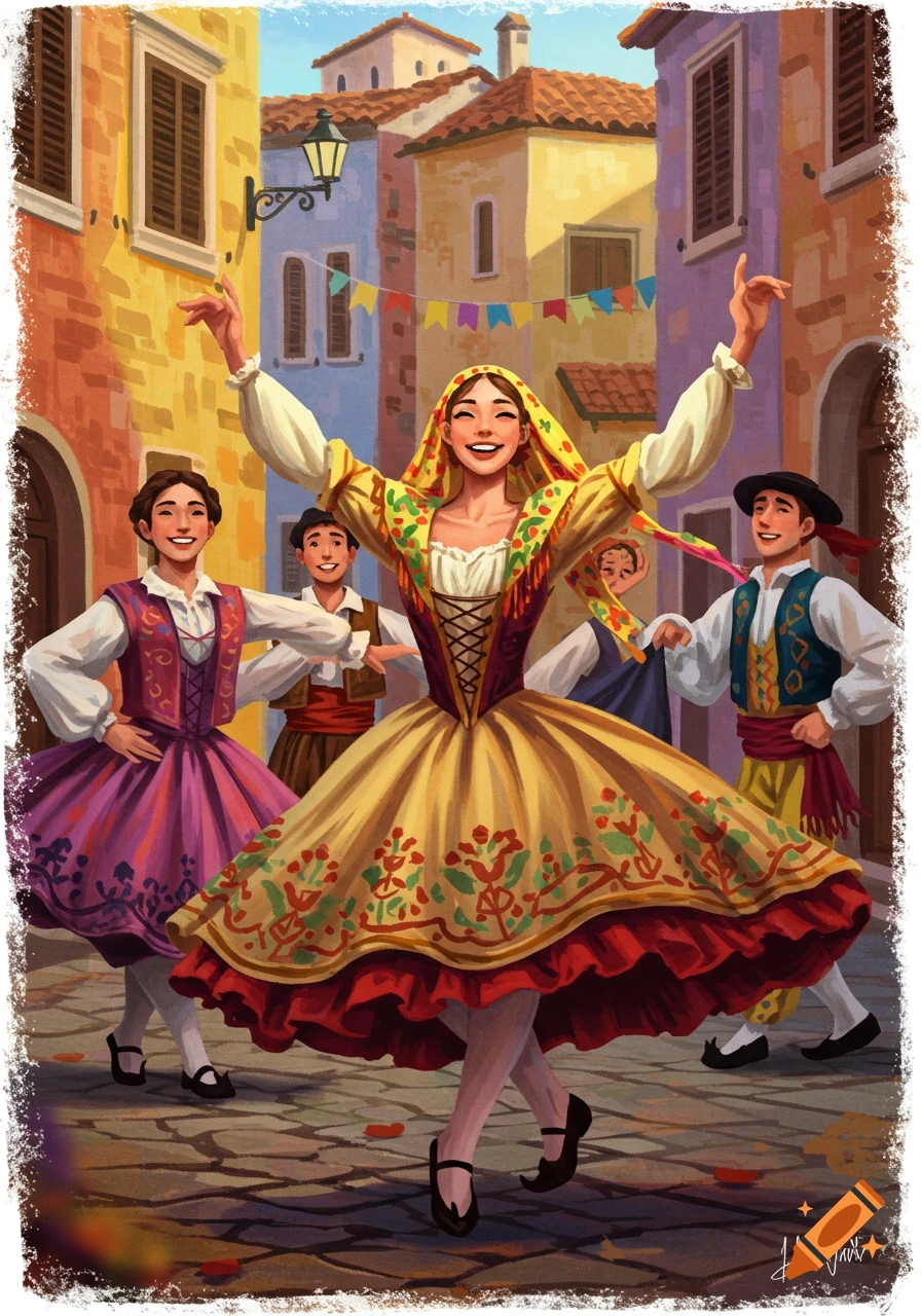 Illustration of dancers in traditional costumes celebrating in a colorful street