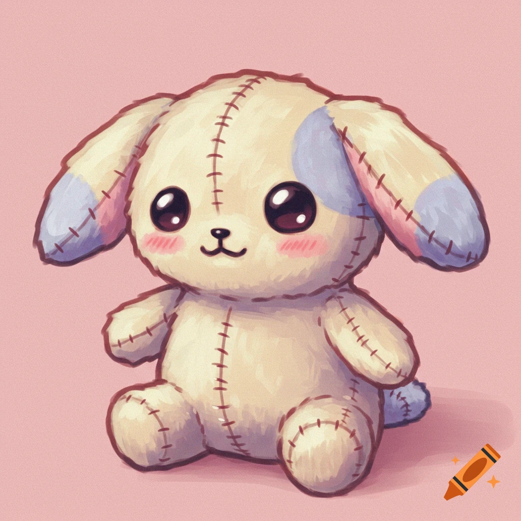 A cute, stitched stuffed bunny plush with big eyes and patchy ears.