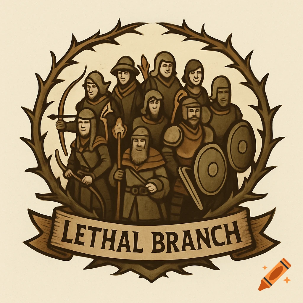 An illustrated fantasy team logo crest featuring a group of adventurers surrounded by thorny branches, with a banner below reading "LETHAL BRANCH" in earth tones.