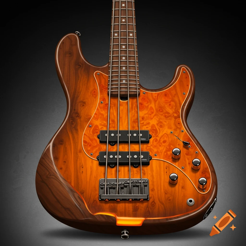 Close up of an electric bass guitar with a walnut wood and translucent orange resin body.