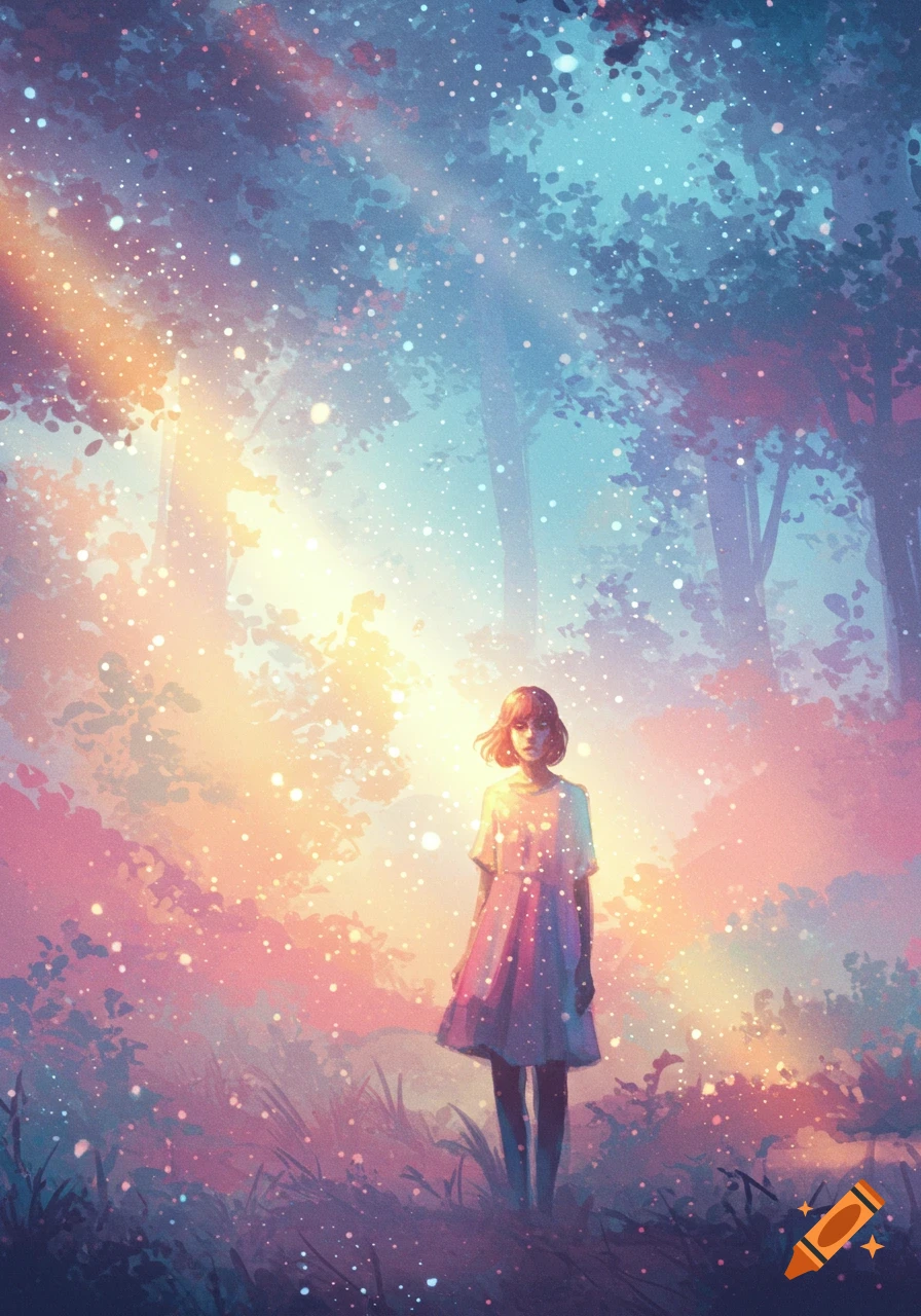 A girl stands in a mystical forest with light rays and floating ...