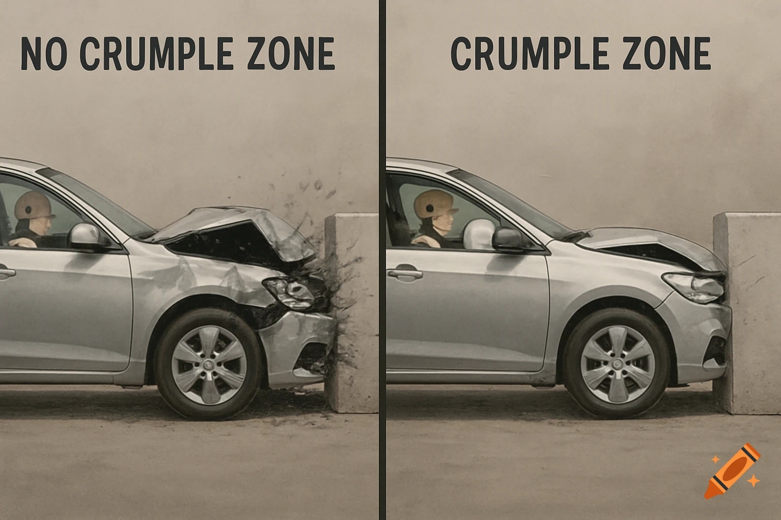 Side-by-side illustration of car crash tests, showing a 'no crumple zone' car with severe damage and a 'crumple zone' car with less damage.