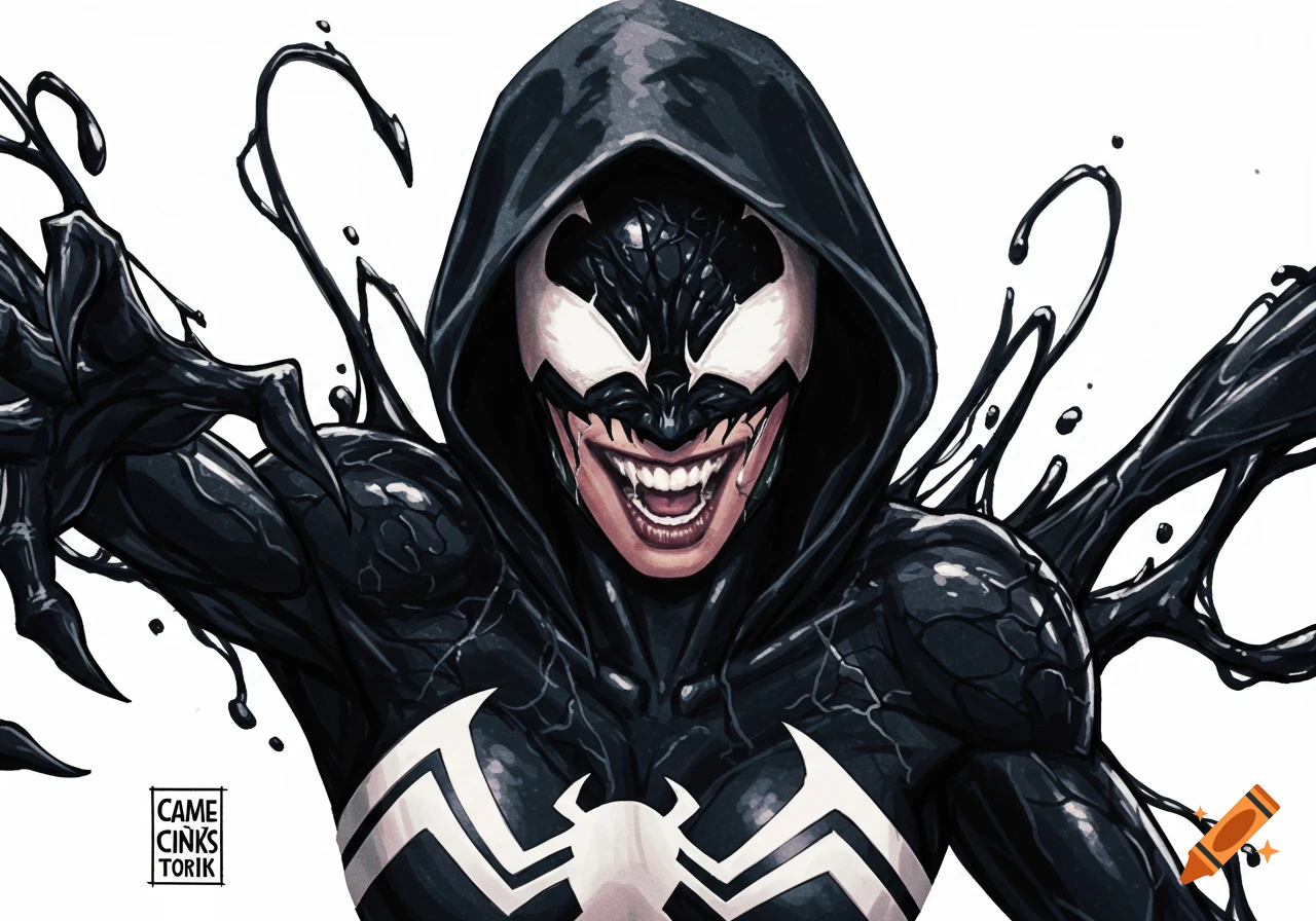 Female character in black symbiote suit with hood and white spider symbol, showing face through mask. Comic art style.