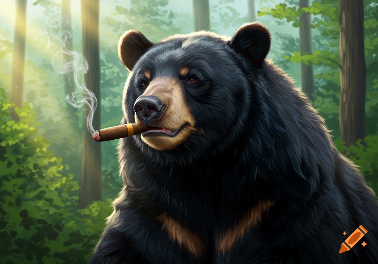 A black bear in a forest smoking a cigar.