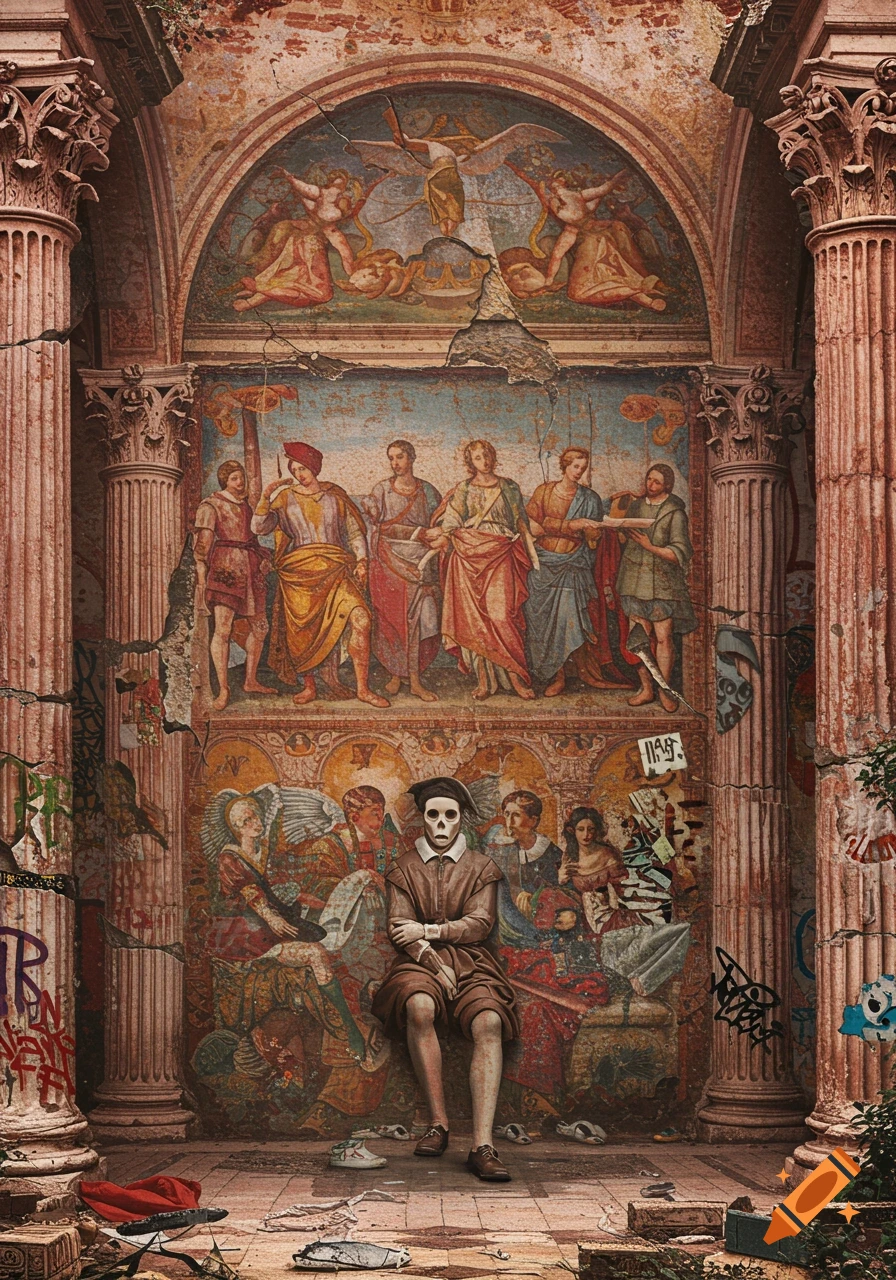 A figure with a skull mask sits in front of a crumbling classical fresco and graffiti-covered columns. Decay and grunge style.