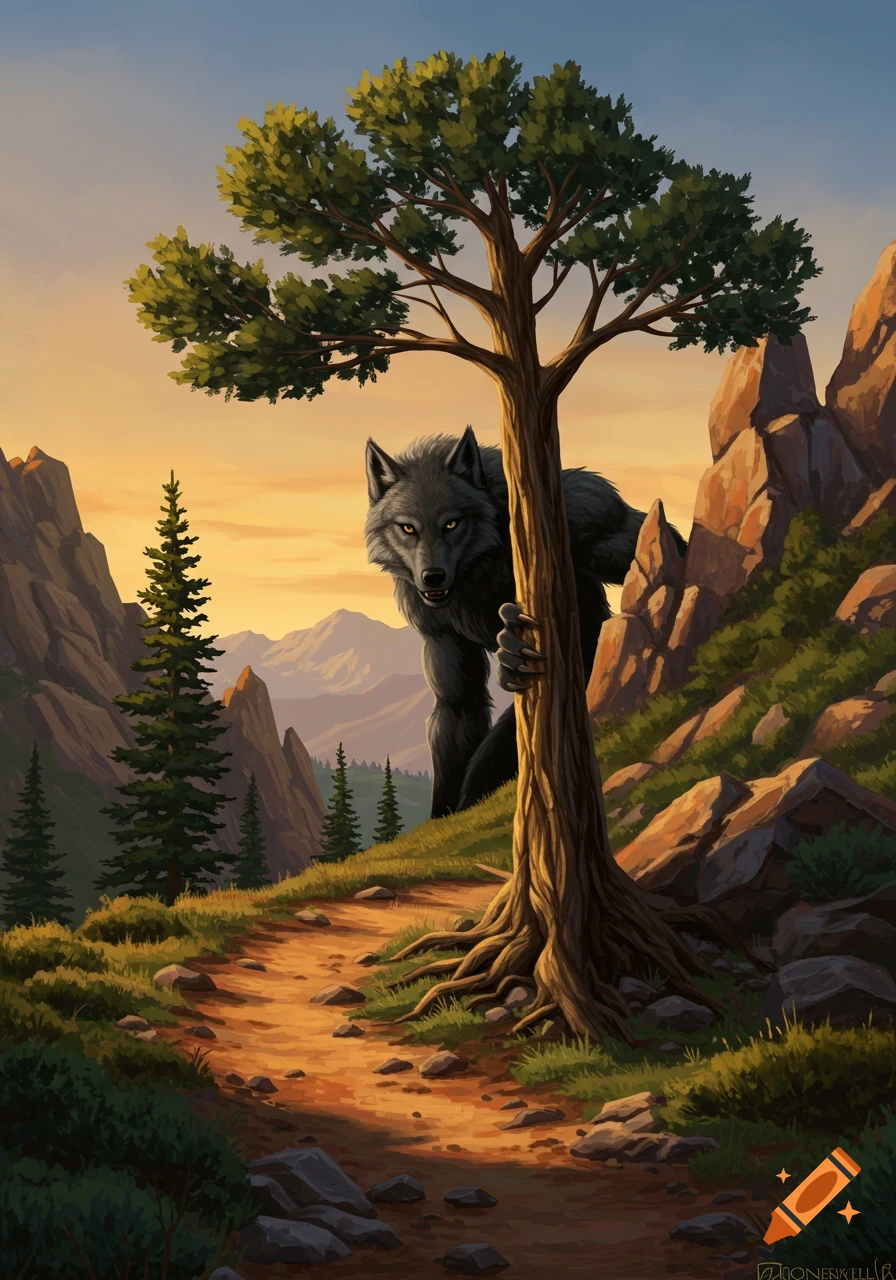 A werewolf peeks from behind a tree on a mountain trail at sunset.